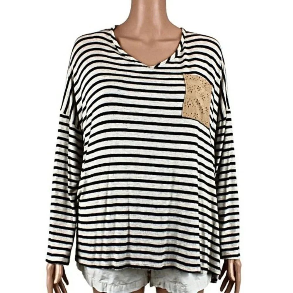 Top Pullover Striped Knit Long Sleeve Suede Elbow Patch & Pocket White Black 3X